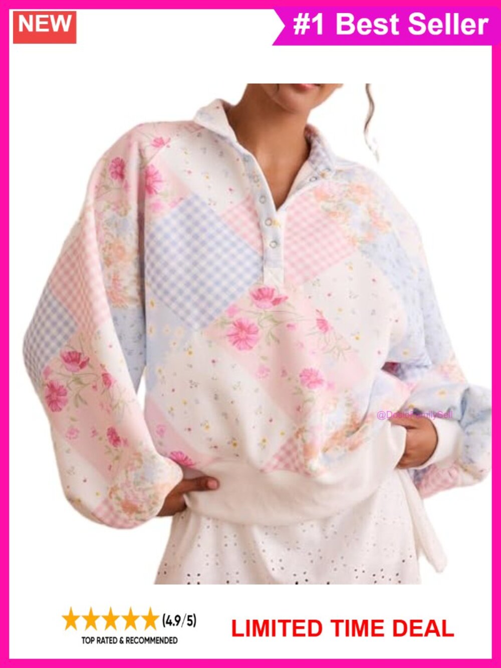 Oversized Floral Patchwork Sweatshirt Balloon Sleeve Button Pullover Top